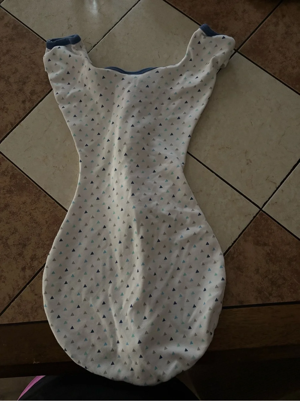 Swaddle Designs transitional sleep sack with blue trim and triangle print